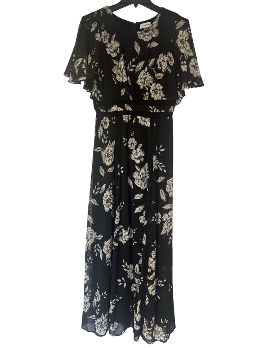 Calvin Klein Black Floral Maxi Dress with White Botanical Print - Size 4